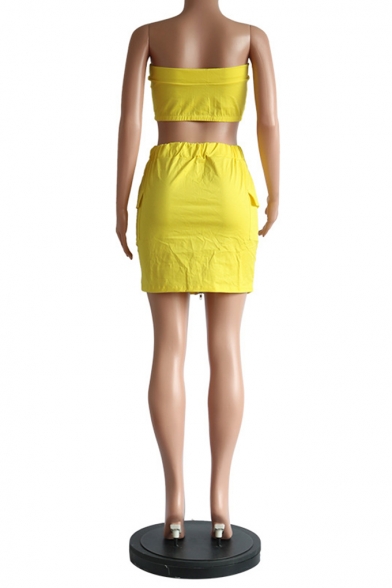 Women's Summer Stylish Plain Yellow Zipper Crop Bandeau Top with Mini Skirt Two-Piece Set