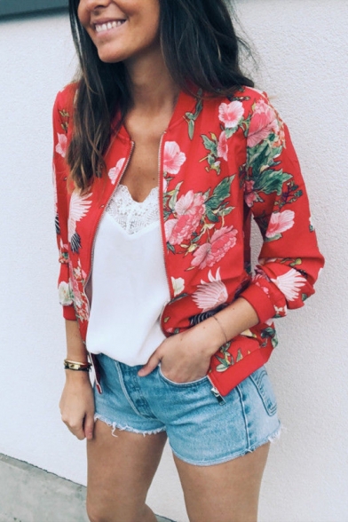 Womens Fancy Floral Printed Stand Collar Long Sleeve Zip Up Baseball Jacket
