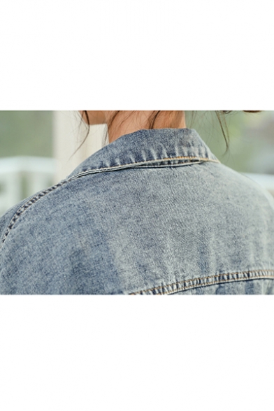 Womens Fancy Sequined Patch Pocket Long Sleeve Retro Light Blue Short Denim Jacket