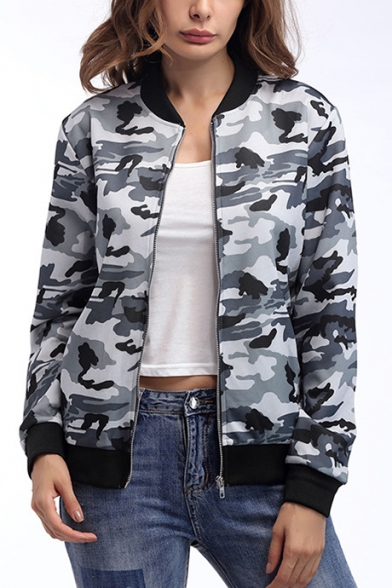 Womens Fashion Classic Camo Printed Stand Collar Long Sleeve Zip Up Jacket