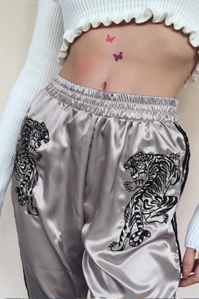 Womens Fashion High Waist Tiger Embroidery Print Striped Contrast Piping Harem Sweatpants