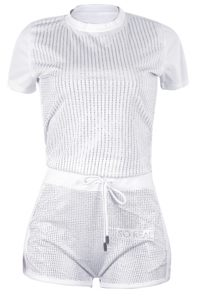 Womens Fashion Sparkly Hot Drilling Short Sleeve Cropped Tee with Casual Shorts Two-Piece Set