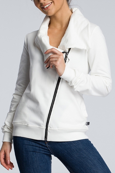 Womens Hot Trendy High Neck Plain Oblique Zip Up Fitted Sweatshirt Jacket