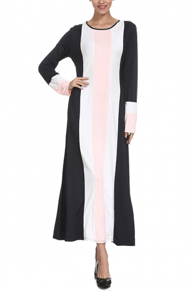 Womens New Fashion Round Neck Long Sleeve Color Block Striped Swing Sheath Maxi Dress
