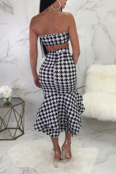 Womens New Stylish Black and White Printed Crop Bandeau Top with Midi Fitted Ruffle Skirt Two-Piece Set