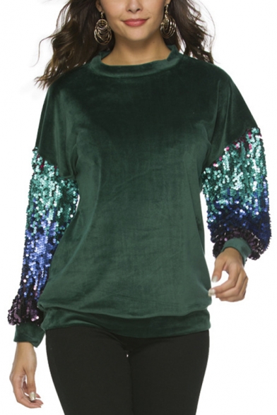 Womens New Stylish Crewneck Sequined Patched Long Sleeve Regular Fit Velvet Sweatshirt