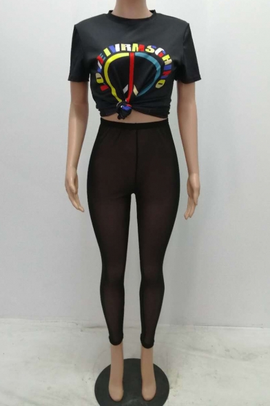 Womens Night Club Sexy Black T-Shirt with Skinny Fit Pants Sheer Mesh Two-Piece Set