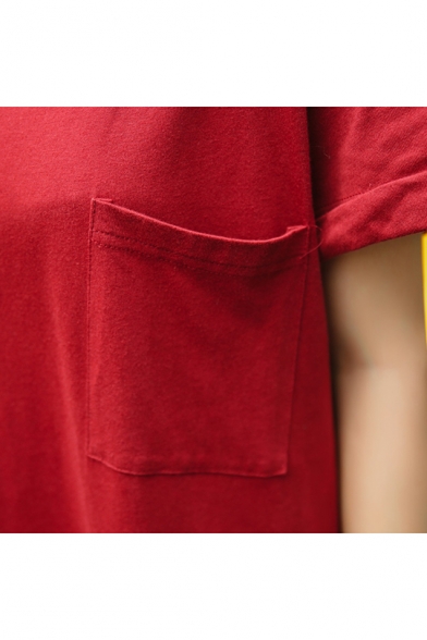 Womens Round Neck Short Sleeve Pockets Red Swing T-Shirt Floor Length Maxi Dress