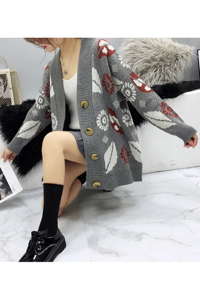 Womens Stylish Floral Print Boxy Flared Sleeve Single Button Cardigan Coat