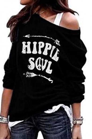 Womens Stylish HIPPIE SOUL Letter Printed Cold Shoulder Long Sleeve Pullover Sweatshirt