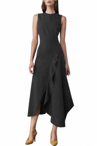 Womens Summer Round Neck Sleeveless Ruffles Plain Asymmetrical A-Line Maxi Dress