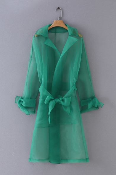 

Womens Summer Unique Plain Green Lapel Collar Tied Waist Transparent Organza Longline Trench Coat, LM553160