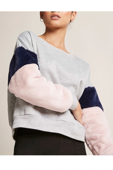 Womens Trendy Round Neck Colorblock Patch Fleece Sleeve Pullover Sweatshirt
