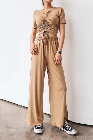Womens Unique Plain Drawstring Ruched Crop Tee with Wide-Leg Pants Sport Loose Two-Piece Set
