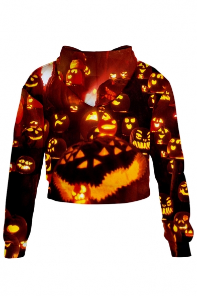 3D Fashion Halloween Pumpkin Pattern Long Sleeve Casual Leisure Crop Hoodie