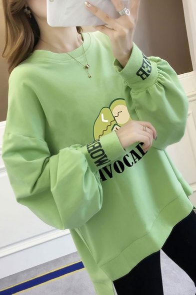 AVOCADOS Letter Cute Avocado Printed Round Neck High Low Lantern Sleeve Loose Pullover Sweatshirt
