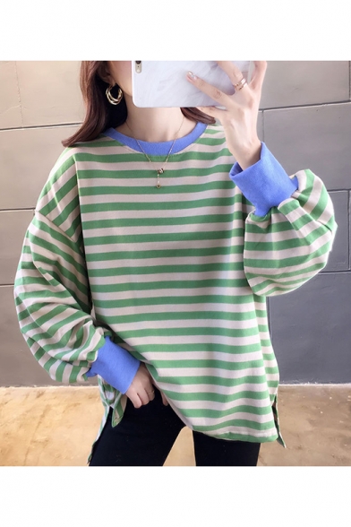 Basic Simple Color block Stripe Print Round Neck Split Hem High Low Long Sleeve Pullover Sweatshirt