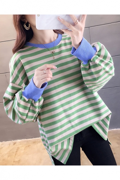 Basic Simple Color block Stripe Print Round Neck Split Hem High Low Long Sleeve Pullover Sweatshirt