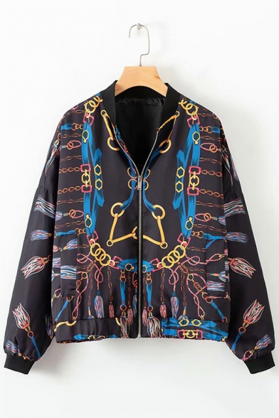 Chic Muli-Color Chain Printed Stand-Up Collar Zipper Short Bomber Jacket Coat for Women