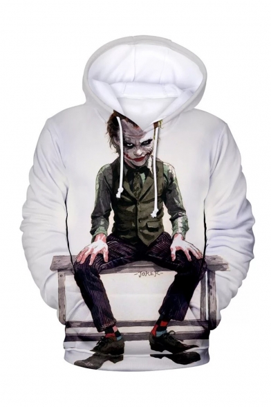 Cool Comic Joker 3D Printed Long Sleeve White Loose Fit Unisex Drawstring Pullover Hoodie