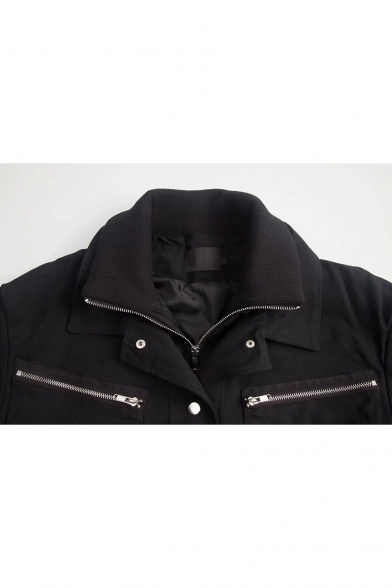 Cool Stand Collar Panel Single Breasted Zip Chest Pockets Cropped Bomber Jacket