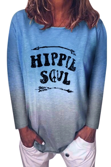 

Cool Unique Arrow Letter HIPPIE SOUL Print Long Sleeve Ombre Loose T-Shirt, LM552815, Blue;green;orange;pink;purple;yellow;light green