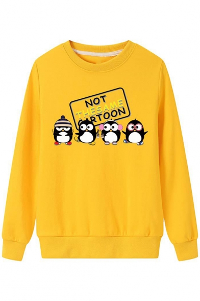 Cute Letter NOT THE SAME CARTOON Penguin Printed Long Sleeve Regular Fit Sweatshirt