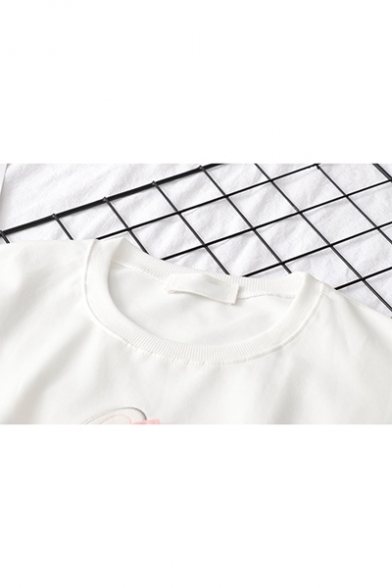 Cute Rabbit Embroidered Round Neck Long Sleeve Cotton Sweatshirt