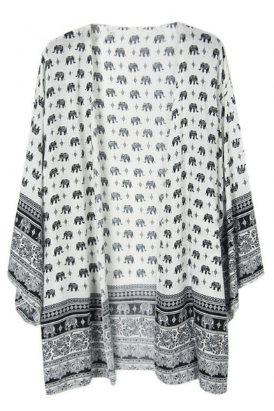 Ethnic Style Allover Elephant Pattern Beach Cotton White Kimono Blouse for Women