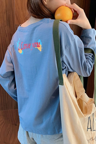 Fashion Letter STRIKE NIGHT Printed Round Neck Long Sleeve Loose Fit Blue T-Shirt