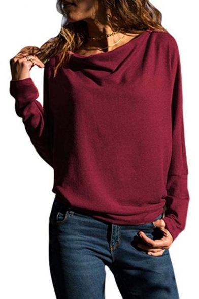 Fashion Unique Cowl Neck Long Sleeve Simple Plain Casual Leisure T-Shirt