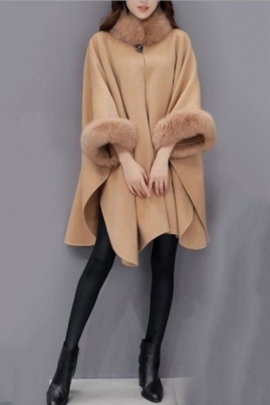 Fashionable Women's Faux Fur Collar Wool Plain Longline Cape Coat