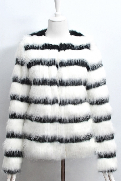 Female Fashionable Black & White Striped Print Faux-Fur Coat Short Jacket