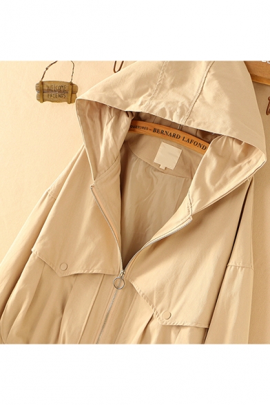Girls Preppy Style Simple Plain Long Sleeve Hooded Zip Up Jacket