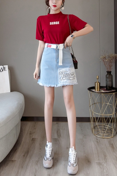 

High Waist Raw Hem Washed Belt Waist Sequin Embellished Letter Printed Patch Mini A-Line Denim Skirt, Dark blue;light blue, LM551991