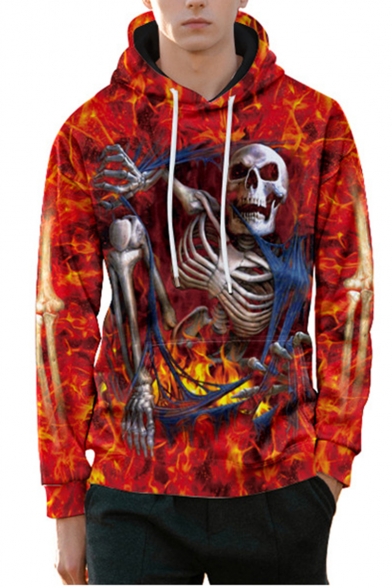 Hot Fashion Halloween Fire Skull 3D Printed Long Sleeve Red Drawstring Pullover Hoodie