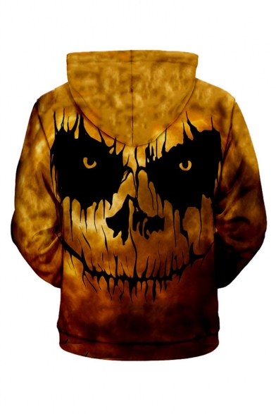 Hot Fashion Halloween Skull Printed Long Sleeve Loose Fit Yellow Casual Zip Up Hoodie