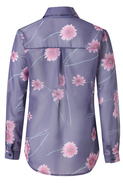 Hot Fashion Long Sleeve Lapel Collar Floral Print Button Down Chiffon Purple Shirt