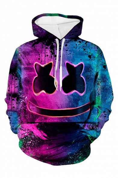 Hot Fashion Smiley Face Paint 3D Printed Purple Long Sleeve Casual Loose Drawstring Hoodie