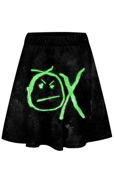 Hot Popular Letter Matt OX Face 3D Printed Casual Black Midi A-Line Skirt