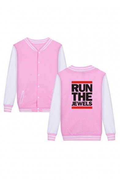 Hot Popular Letter RUN THE JEWELS Print Colorblock Rib Stand Collar Long Sleeve Single Breasted Baseball Jacket