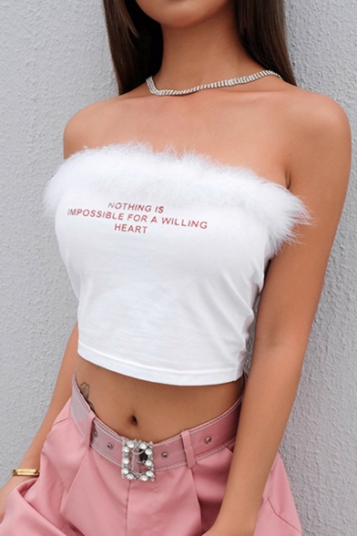 White Strapless Letter Printed Fur Trim Cropped Bandeau Tee