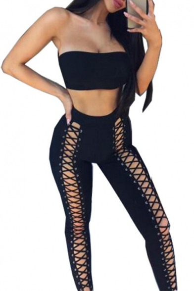 Hot Sexy Bandeau Tee with High Waist Lace Up Cutout Shorts Plain Bodycon Two Piece Set