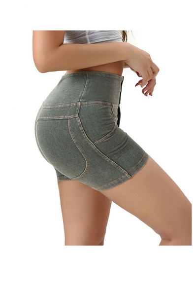 Hot Sexy Plain High Waist Button Front Fake Pocket Skinny Fitted Peach Hip Denim Shorts