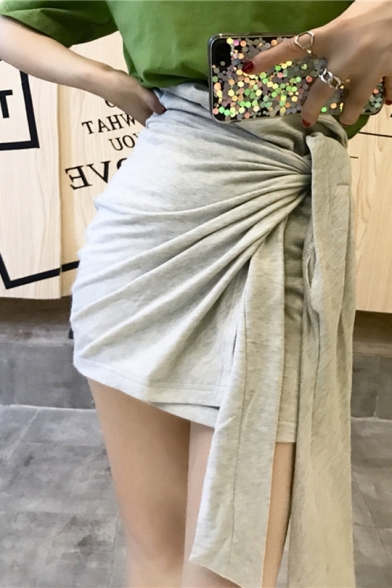 Hot Trendy High Waist Tie Side Plain Fitted Mini Skirt