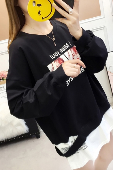 I Miss You Letter Girl Printed Two-Piece Long Sleeve Round Neck Loose Sweatshirt