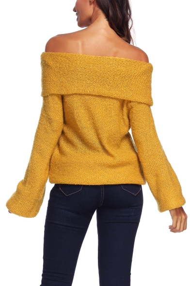 Ladies Sexy Plain Off the Shoulder Flared Sleeve Loose Knitted Sweater