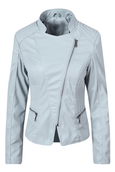 Lady Fashion Plain Lapel Collar Long Sleeve Zip Front PU Motorcycle Jacket