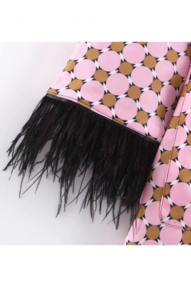 Leisure Geometric Printed Lapel Collar Tie-Waist Raw Edges Pink Blazer Coat with Pockets