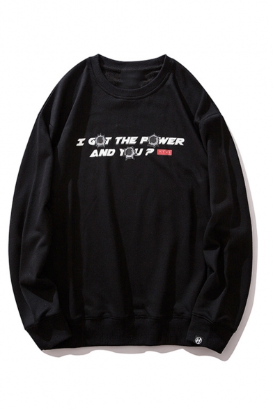 Letter I GOT THE POWER AND YOU Comic Figure Gun Printed Long Sleeve Round Neck Casual Sports Pullover Sweatshirts